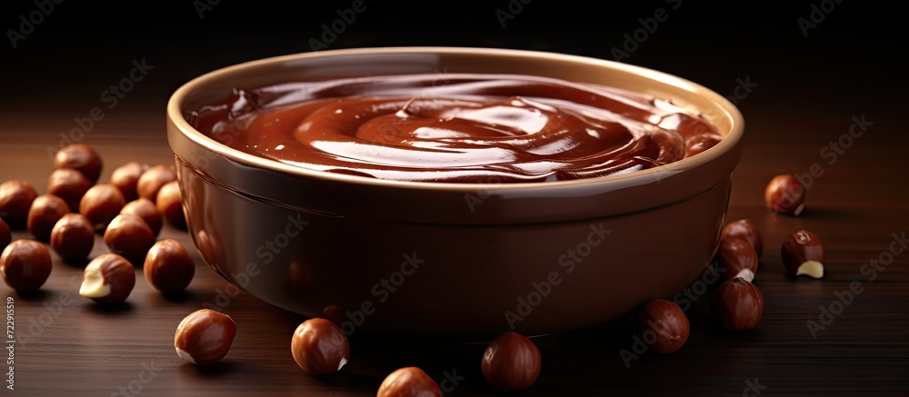 Aufkleber homemade chocolate hazelnut spread in a bowl side view. creative banner. copyspace image