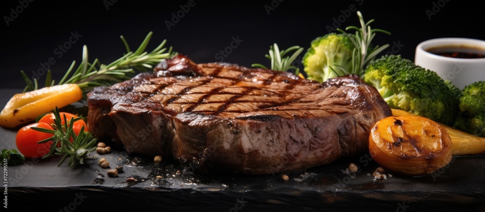 Poster fresh grilled ribeye steak with broccoli carrot and cherry tomatoes on side. creative banner. copysp