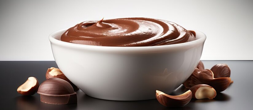 Homemade Chocolate Hazelnut Spread in a Bowl side view. Creative Banner. Copyspace image