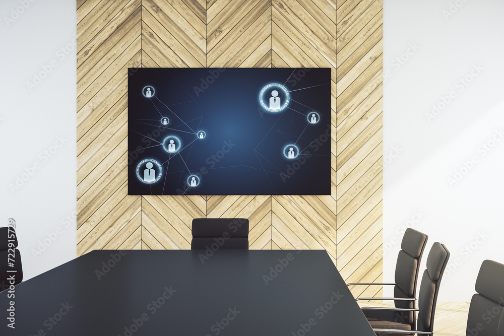 Aufkleber social network icons concept on presentation monitor in a modern boardroom. networking concept. 3d r