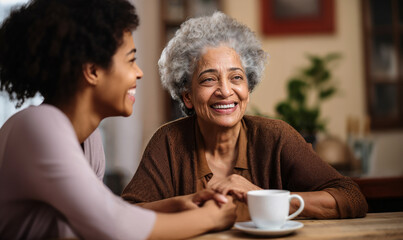 Catching Up: Ethnic Senior Female Best Friends in Kitchen with Coffee