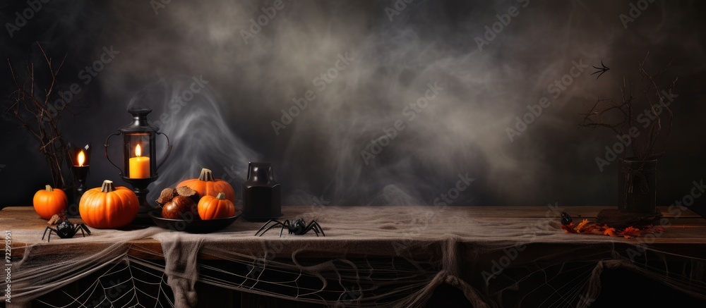 Poster Halloween holiday concept Empty rustic table in front of spider web background Ready for product display montage. Creative Banner. Copyspace image
