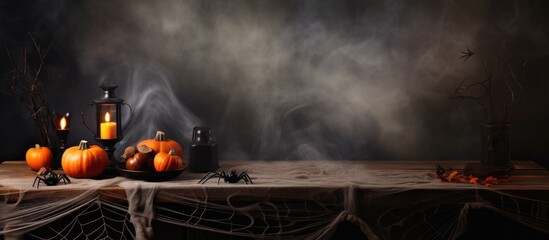 Halloween holiday concept Empty rustic table in front of spider web background Ready for product display montage. Creative Banner. Copyspace image