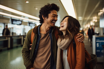 Naklejka premium young asian couple passenger at the airport bokeh style background