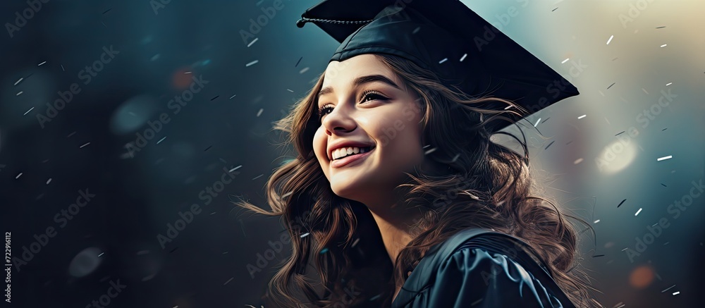 Wall mural Happy graduation day for a young woman with graduation cap smile. Creative Banner. Copyspace image - Wall murals