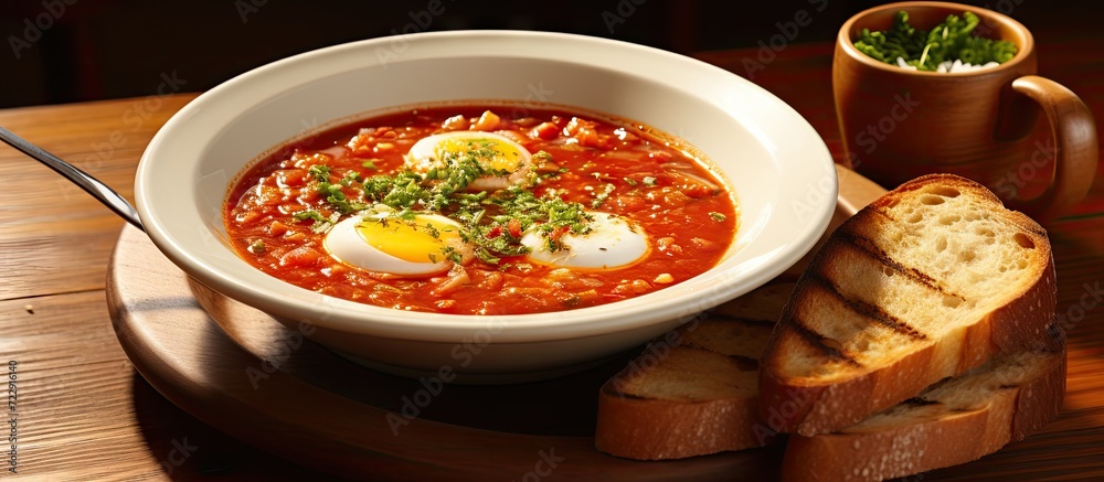 Poster homemade tomato paste soup with egg olive macadamia bean and bread toast in bowl on wood table weste