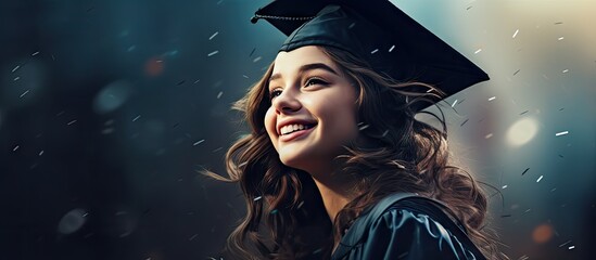 Happy graduation day for a young woman with graduation cap smile. Creative Banner. Copyspace image