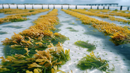 Rows of seaweed on a seaweed farm, Jambiani, Zanzibar island, Tanzania - obrazy, fototapety, plakaty