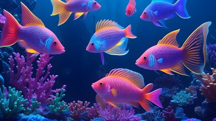 Tropical fish in the aquarium. Colorful underwater world.