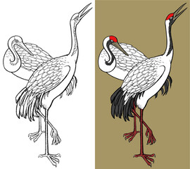 2 cranes for coloring and in color, symbolism of Asia