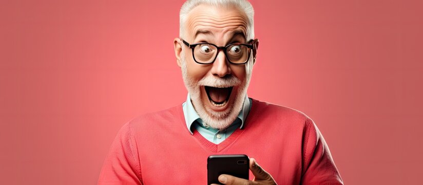 Happy Surprised Senior Mobile Phone User Man Shocked Excited With Good News Staring At Smartphone Reading Notice Message On Screen Saying Wow Gasping Shouting For Joy Communication. Creative Banner