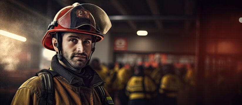 Handsome firefighter with hard hat indoors fire station. Creative Banner. Copyspace image
