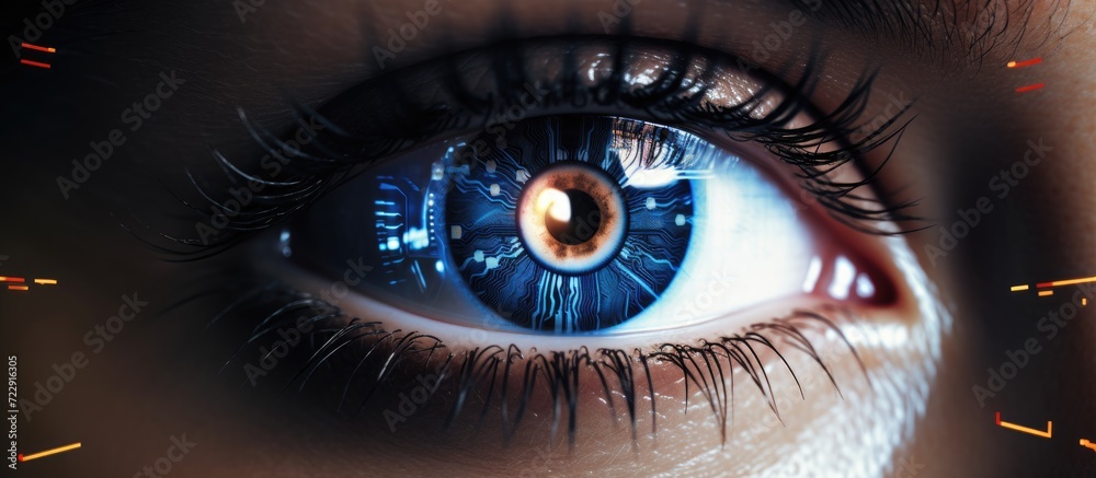 Poster Human eye with cyber retinal recognition for neuro link connection smart lens eyes vision diagnostics Augmented virtual reality in metaverse AI artificial intelligence. Creative Banner