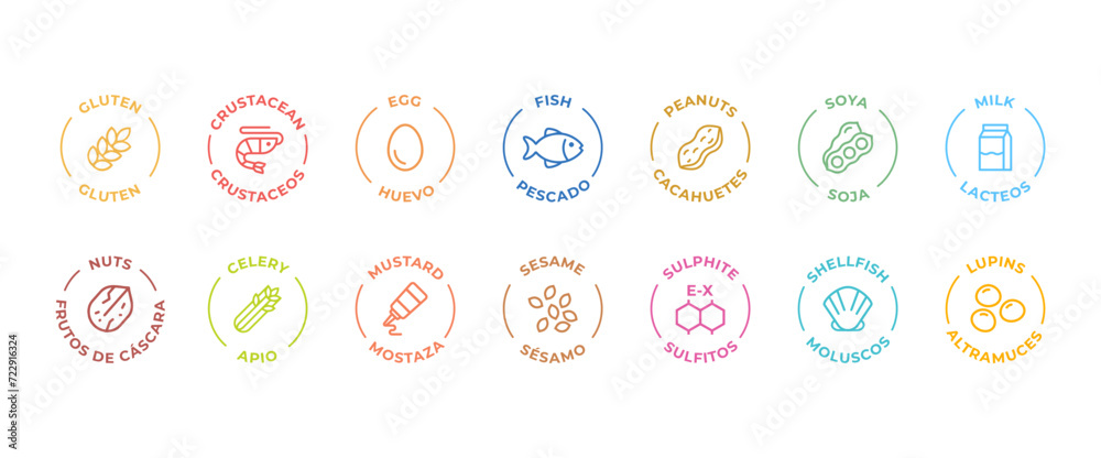 Wall mural Isolated Vector Logo Set Badge Ingredient Warning Label. Colorful Allergens icons. Food Intolerance. The 14 allergens required to declare written in Spanish and English