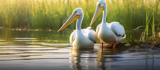 Great white pelicans in natural habitat Pelecanus onocrotalus Danube Delta Romania. Creative Banner. Copyspace image