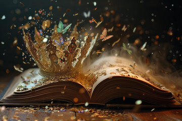 A fairy tales book filled with volumetric illustration ,kings crown, fantasy story