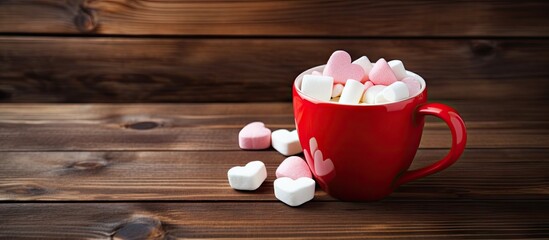 Fototapeta na wymiar hot chocolate and heart shaped marshmallow on wooden surface. Creative Banner. Copyspace image