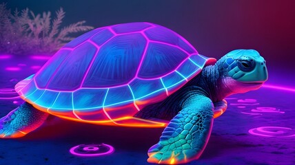 sea turtle with neon lights on the background
