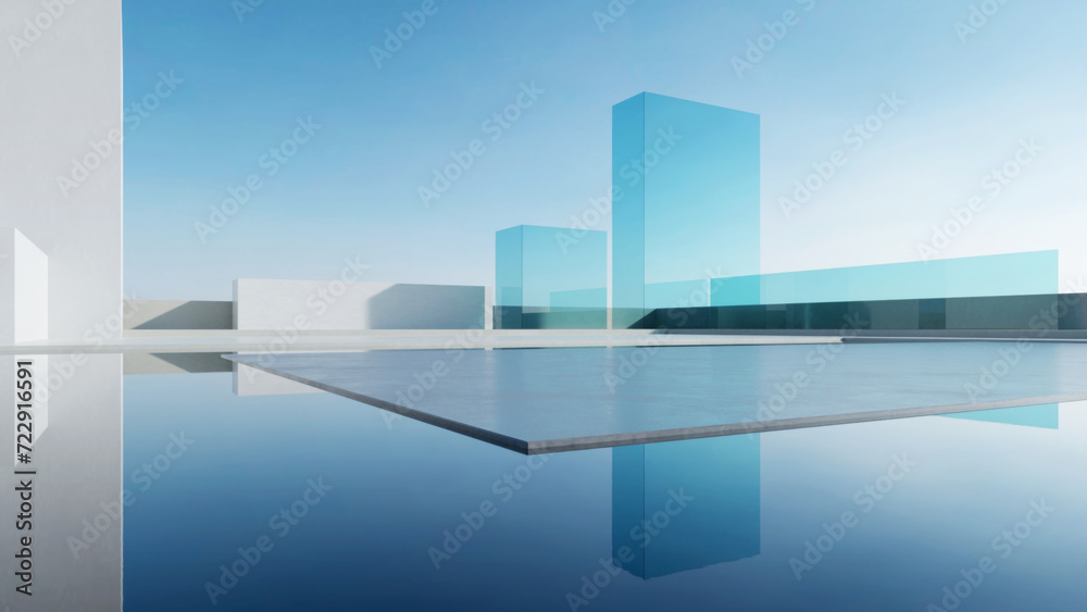 Aufkleber Abstract modern architecture with empty concrete floor and blue pool, Futuristic design, Scene for car presentation.