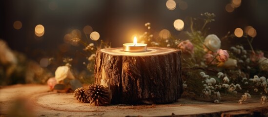 Horizontal Photo of a Selective focused Elegant candlelight illuminates a stylish decoration on the top of a tree stump in a farm or garden wedding setting. Creative Banner. Copyspace image - obrazy, fototapety, plakaty