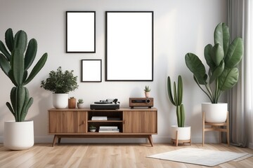 Elegant and retro decor of living room with design commode, coffee table vinyl recorder, cacti and...