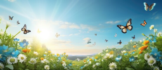 How beautifully beautiful butterflies are floating on the blue flowers it looks amazing full of green nature around open sky and shining sun around. Creative Banner. Copyspace image