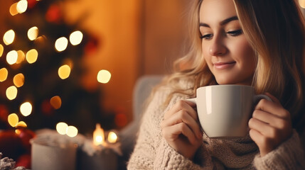 Cold Winter Day at House with Fire and Coffee and Bokeh Lights