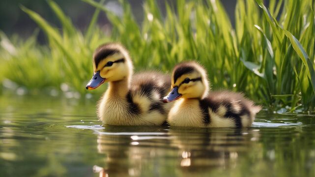 two little ducklings in a pond, baby ducks, cute, adorable, wildlife, nature, aquatic birds, 