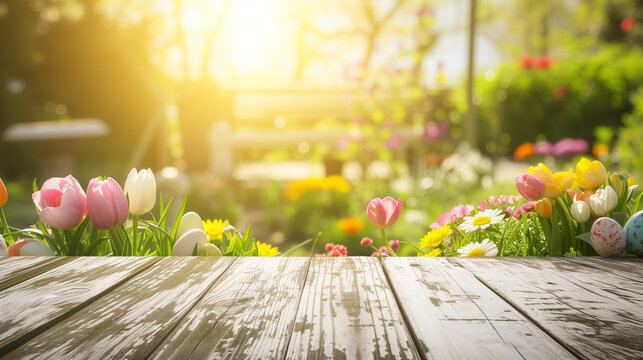 empty white wooden table with easter theme in spring garden