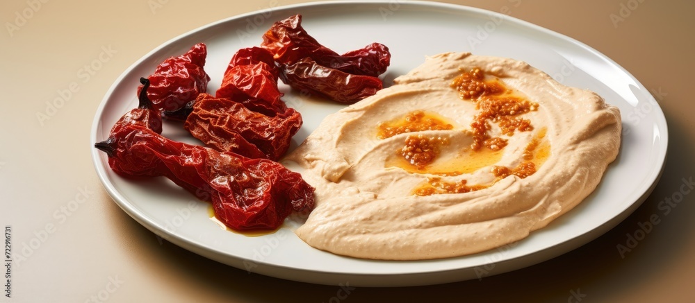 Poster hummus with dried tomatoes on a white plate. creative banner. copyspace image