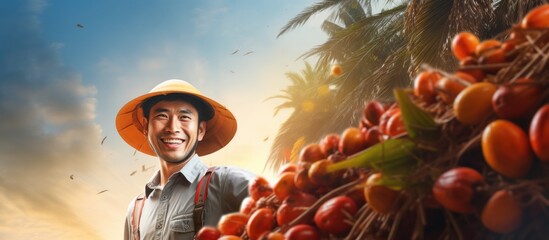Happy Asian farmer palm oil holding a palm oil fruit. Creative Banner. Copyspace image - obrazy, fototapety, plakaty