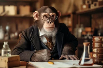 Draagtas  a monkey dressed as a scientist professor in vintage style suit and glasses sits at his workshop lab desk and looks at the camera. © ALL YOU NEED studio