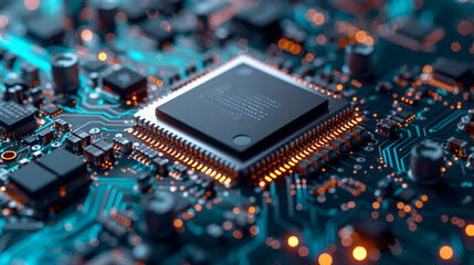 Fototapeta na wymiar closeup of an advanced GPU ram microchip or cpu of a powerful computer board for artificial intelligence technology as wide banner design with copy space area futuristic background, generative ai