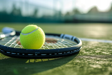 
a tennis racket and ball resting on a green court