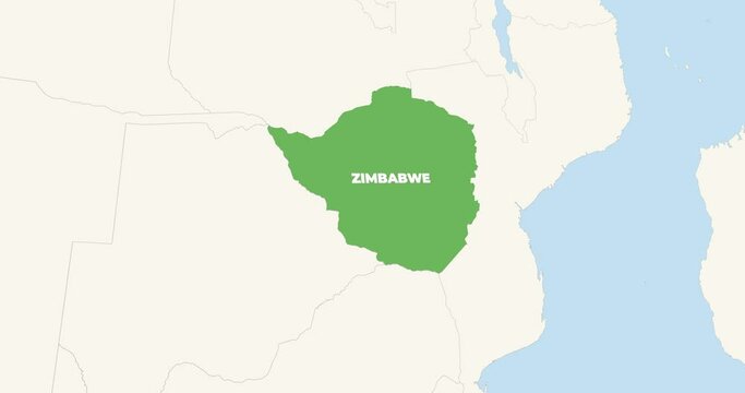 World Map Zoom In To Zimbabwe. Animation in 4K Video. Green Zimbabwe  Territory On Blue and White World Map