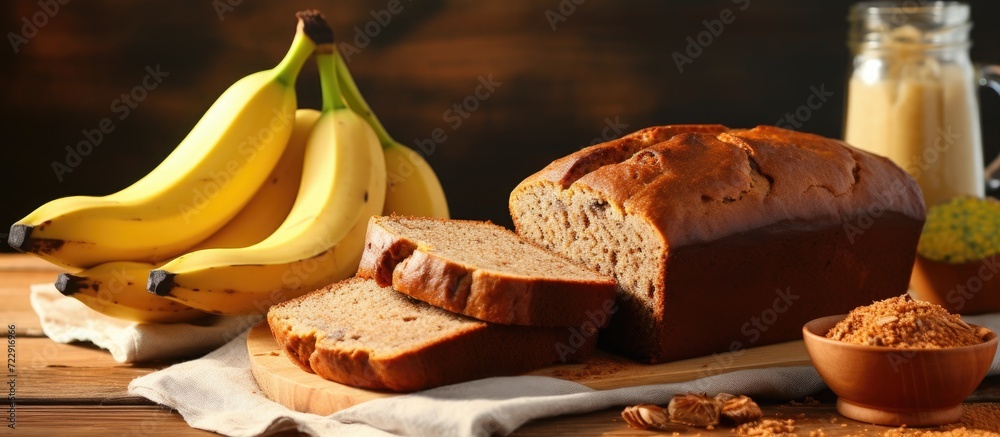 Poster Homemade banana bread sliced on a table close up horizontal rustic style. Creative Banner. Copyspace image