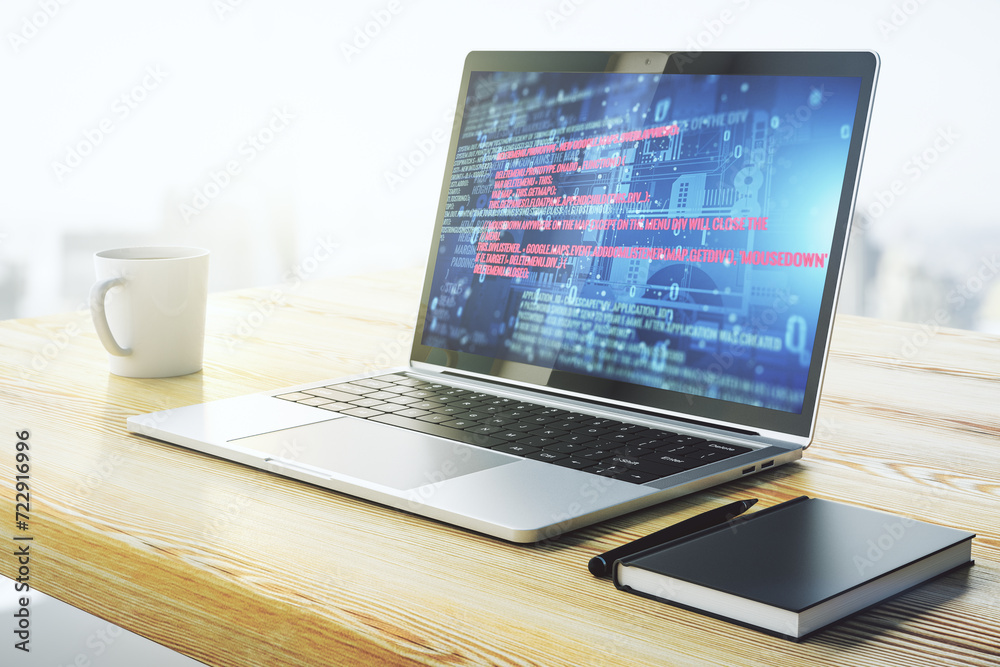 Aufkleber Modern computer display with abstract programming language hologram, artificial intelligence and machine learning concept. 3D Rendering