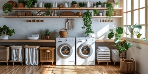 washing machines in a clean organized neat utility laundry room or washing service room interior front view shot as wide banner mockup  design with copy space, Generative AI - obrazy, fototapety, plakaty