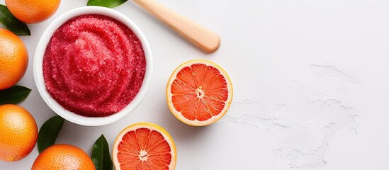 Fresh blood orange fruit grapefruit scrub in a small white bowl and wooden hair brush Homemade body exfoliation natural beauty treatment and spa recipe Top view copy space. Creative Banner - obrazy, fototapety, plakaty
