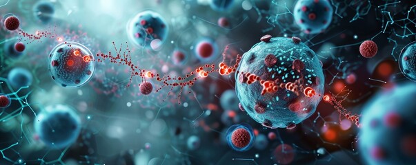 medical pharmaceutical research background with blood cells and virus cure using DNA genome sequencing biotechnology as wide banner hologram, Generative AI - obrazy, fototapety, plakaty