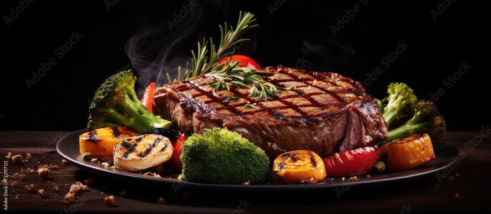 Poster fresh grilled ribeye steak with broccoli carrot and cherry tomatoes on side. creative banner. copysp