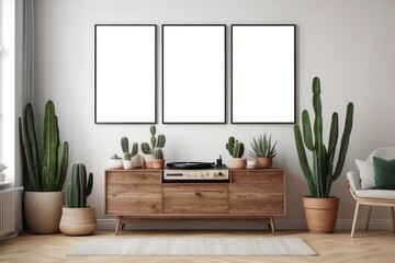 Elegant and retro decor of living room with design commode, coffee table vinyl recorder, cacti and mock up posters frames on the white walls