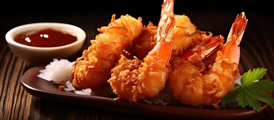 Fried coconut shrimp on a skewer with a dipping sauce. Creative Banner. Copyspace image - obrazy, fototapety, plakaty