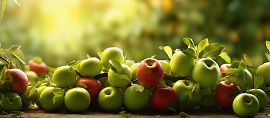 Fresh ripe green apples summer fruit harvest. Creative Banner. Copyspace image - obrazy, fototapety, plakaty