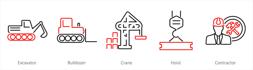 A set of 5 Build icons as excavator, bulldozer, crane