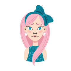 Young sad woman with pink hair. Bow in hair, star earrings.Emotions.Portrait, face, avatar.Cartoon vector illustration on a white background