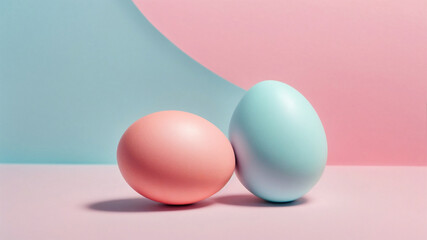 Minimal fashion concept with a pink egg on light blue and pink.Pastel colors eggs closeup. Generative AI