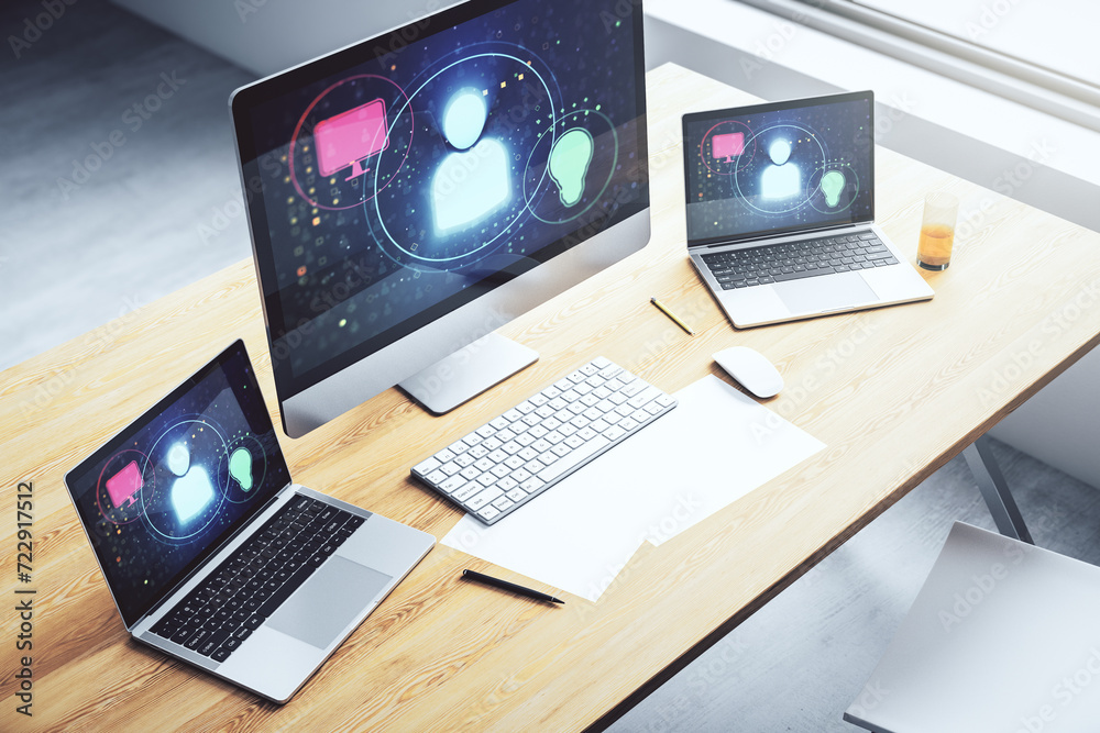 Poster Modern computer monitor with social network icons concept. Marketing and promotion concept. 3D Rendering