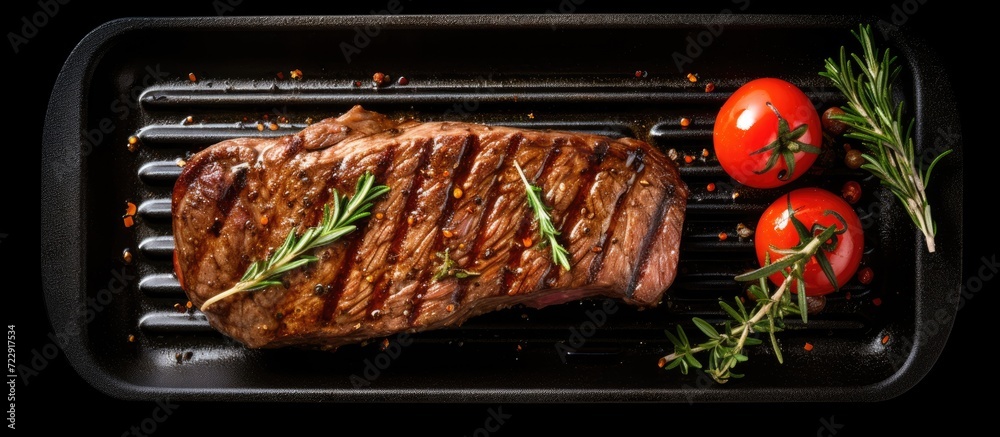 Poster grilled marbled beef steak striploin with spices in a grill pan place for text top view. creative ba