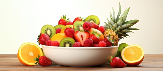 Fresh fruit salad with strawberry pineapple kiwi ananas and mint Delicious cut fruit in a bowl. Creative Banner. Copyspace image